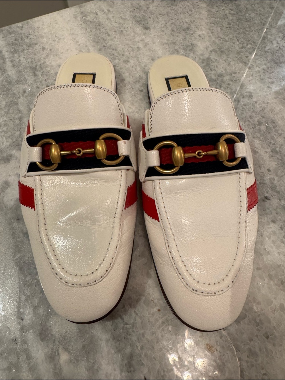 Gucci White Leather Horsebit Mule Loafers with Red & Navy Stripes - Picture 3 of 8